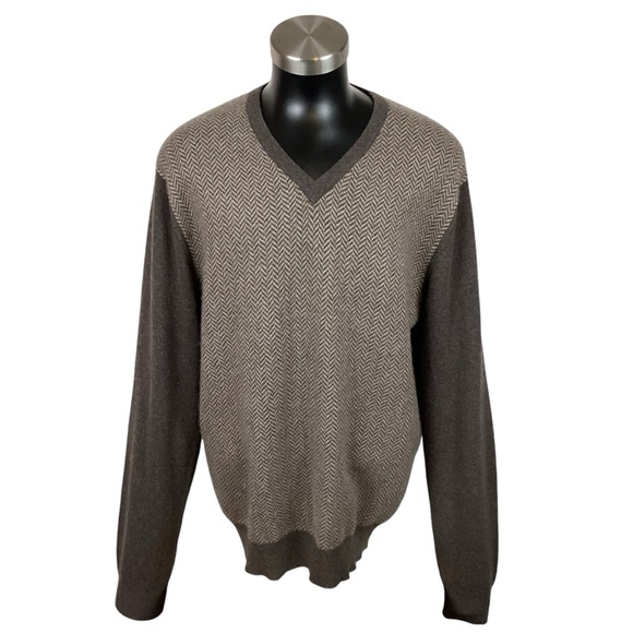 Joseph & Lyman Herringbone Cashmere V Neck Sweater Brown - Picture 5 of 11